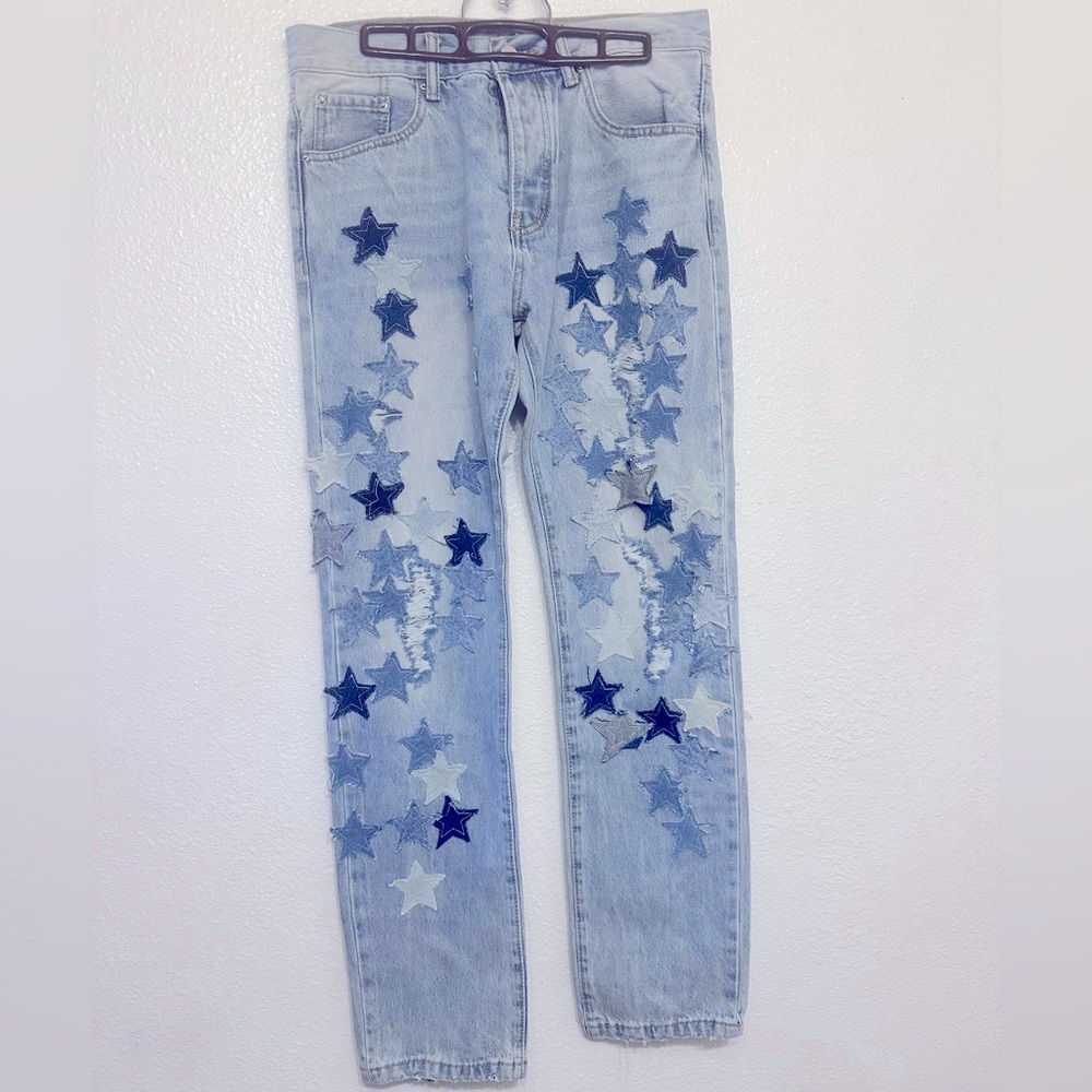 MNML Blue Straight Leg Star Pattern Jeans - Picture 3 of 4